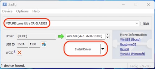 Install the driver using Zadig