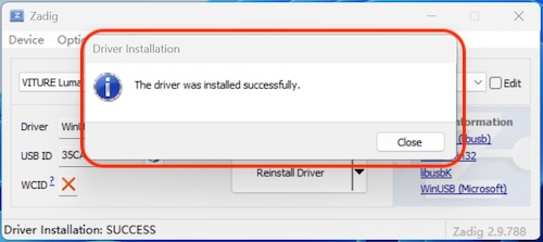 Driver installation via Zadig successful